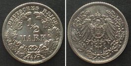 KAISERREICH 1/2 Mark 1917 F, Silber J.16, SELTENER JAHRGANG!