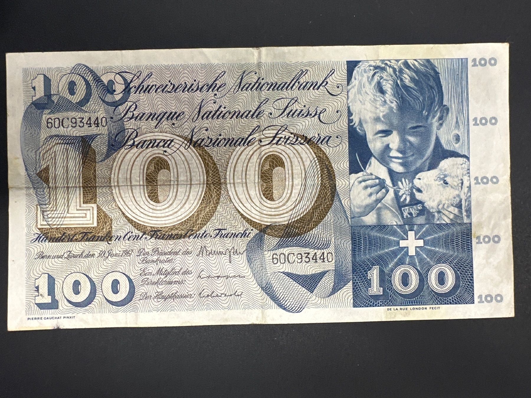Banknoten: 100 Fr. - Note Schweiz 1967 – Gebraucht aus Herisau von herau