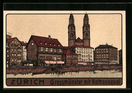 Steindruck-AK Zürich, Grossmünster mit