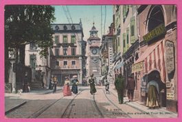Vevey gel 1908 Rue d'Italie et Tour St. Jean sehr belebt