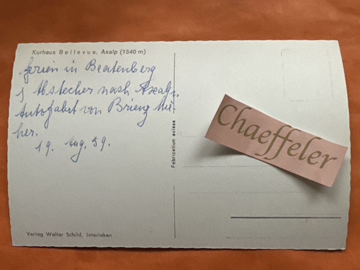 Cartoline postali: 1959  Kurhaus Bellevue, Axalp  – Usato da Zürich venduto da Chaeffeler 1