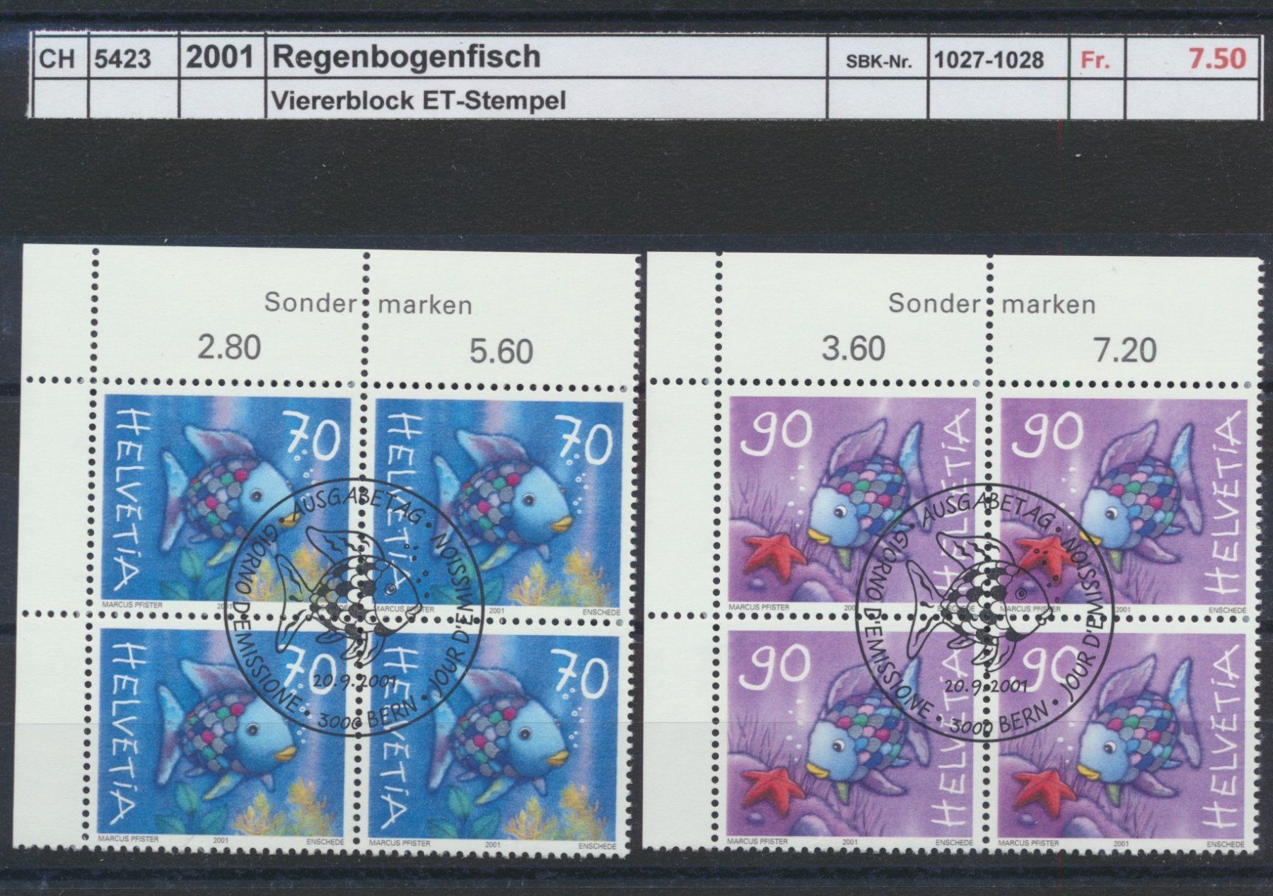 Tutti i francobolli: 2001 "Regenbogenfisch", Viererblock, ET - Stempel – Usato da Winterthur venduto da Zupogeru
