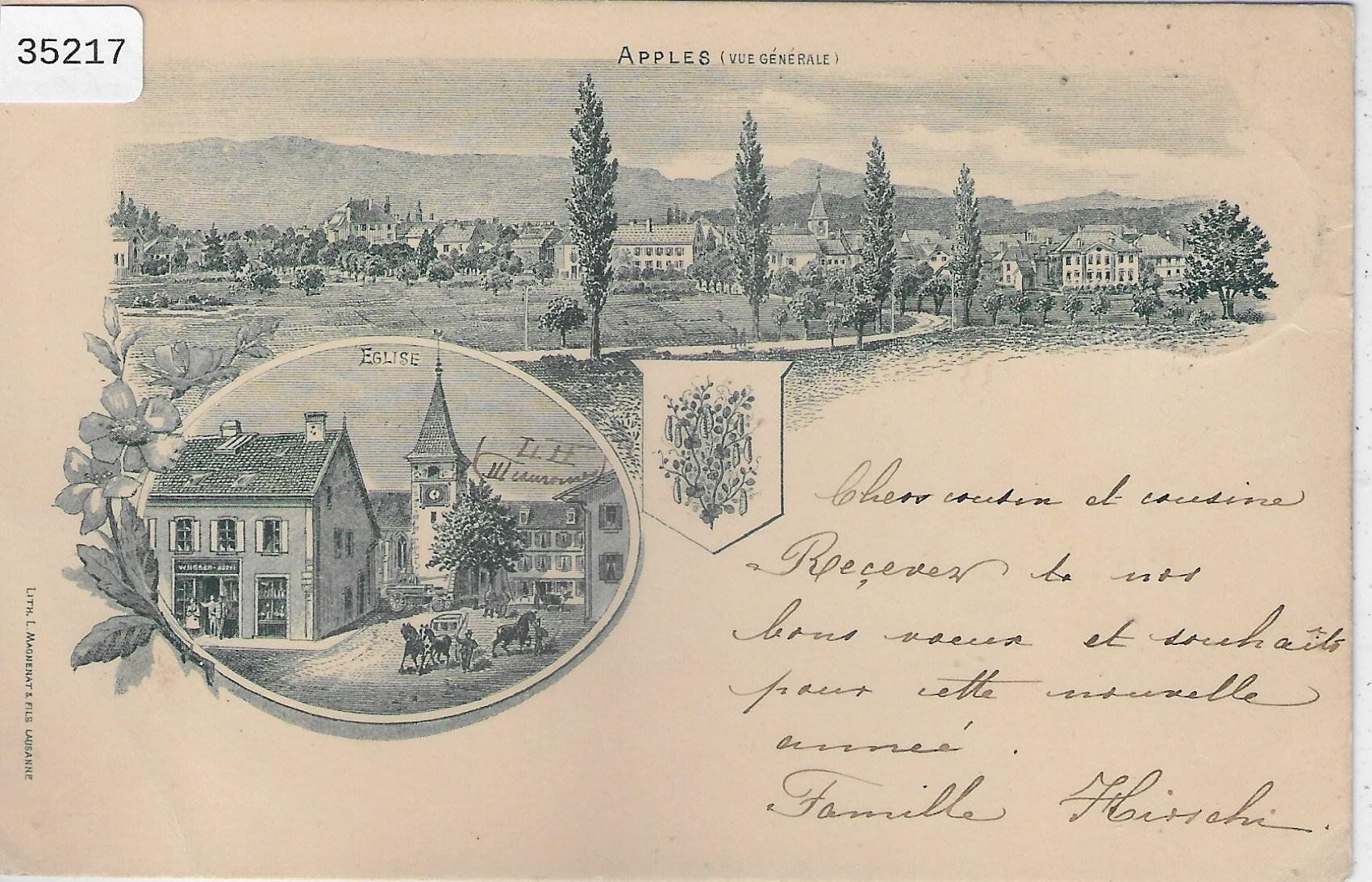 Cartoline postali: Apples - Vue generale, Eglise - Litho 1899 – Usato da Ettingen venduto da Kartenplanet