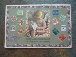 Alte Ansichtskarte, Engel mit Briefmarken, Briefmarkensprach