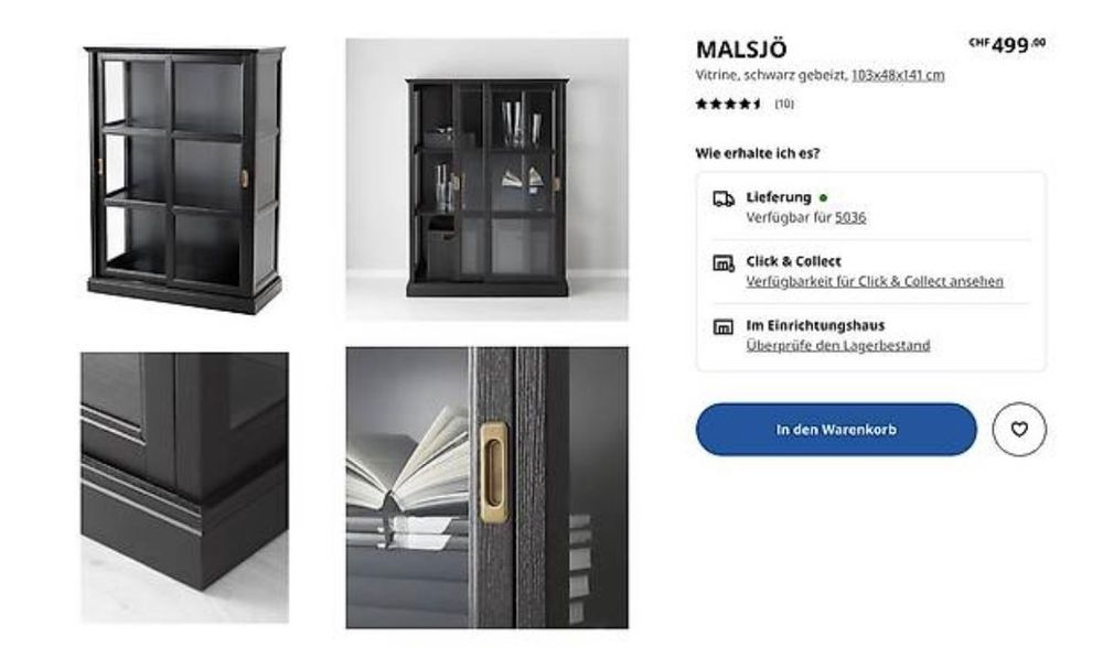IKEA MALSJÖ Vitrine Wohnzimmer /schwarz gebeizt 103x48x141cm | Kaufen ...