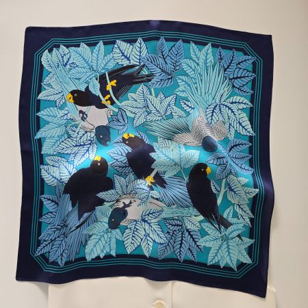 New 53cm Real Silk Scarf Blue Leaves and Parrot, Bird Print