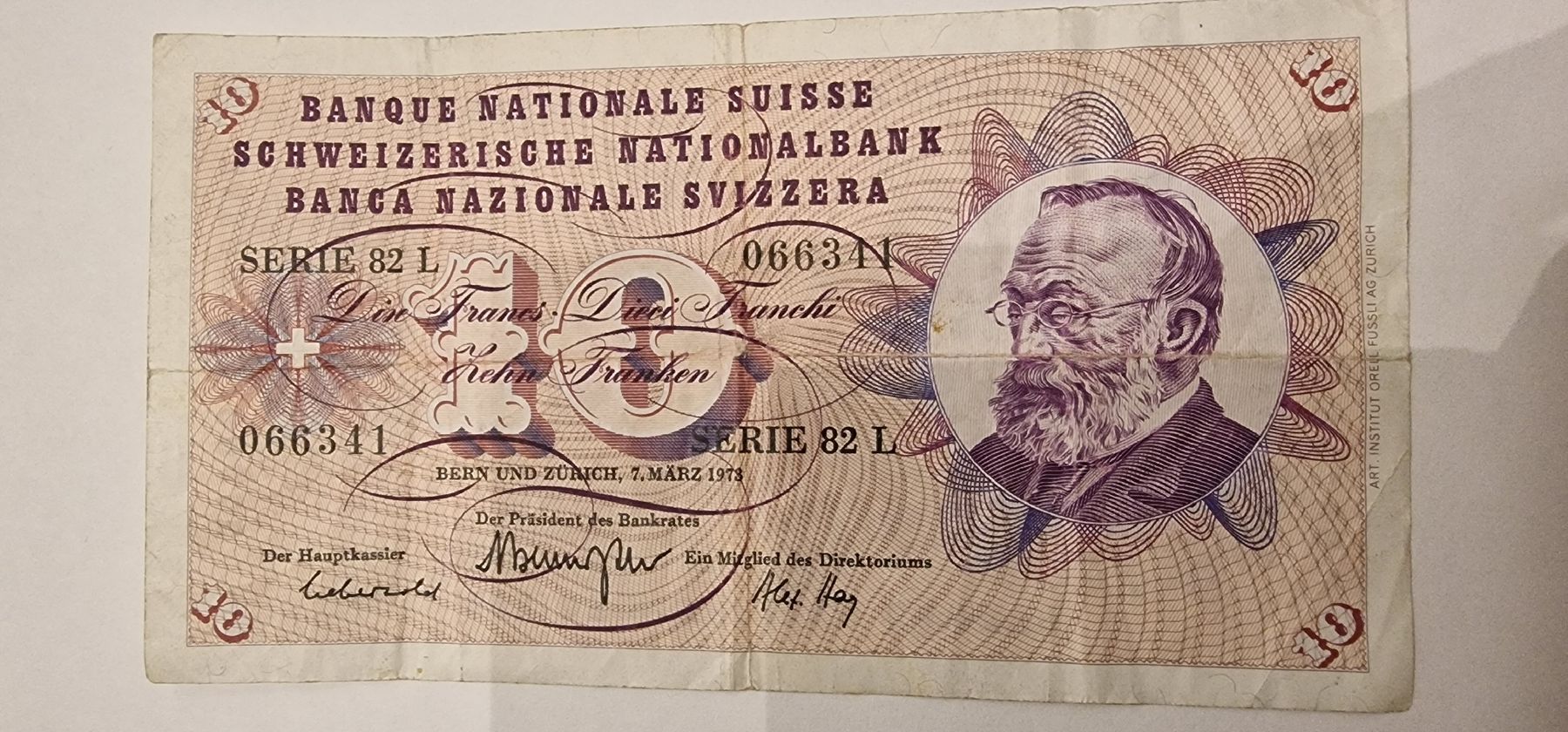 Banknoten: 10 Franken Noten 7. März 1973  – Gebraucht aus Arbon von sar_l7ll