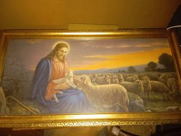 Gemälde Jesus guter Hirt mit Lamm und Schafen gerahmt