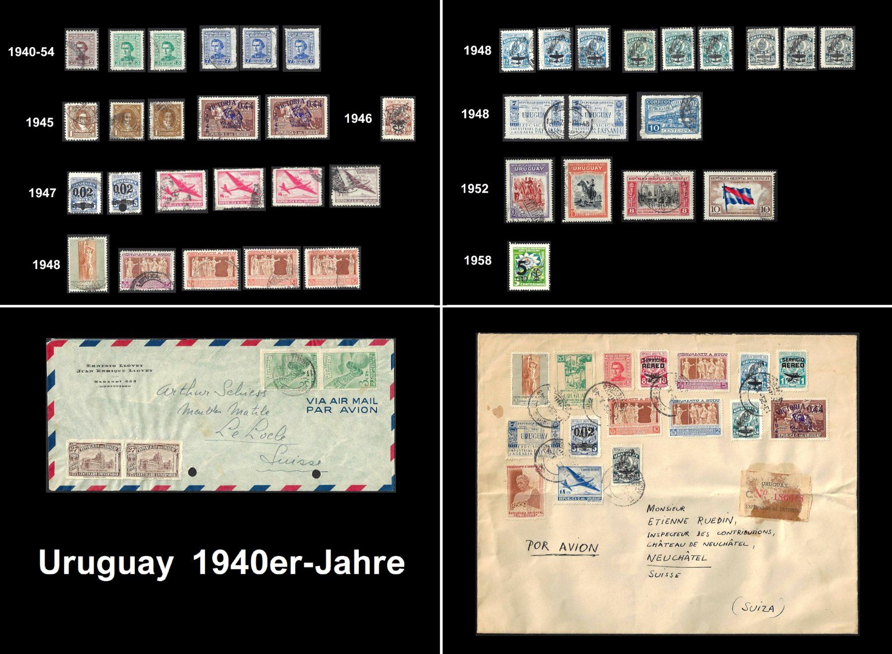 Alle Briefmarken: Uruguay 2 Luftpostbriefe + Briefmarken 1940 - 1952 – Gebraucht aus Baar von W47