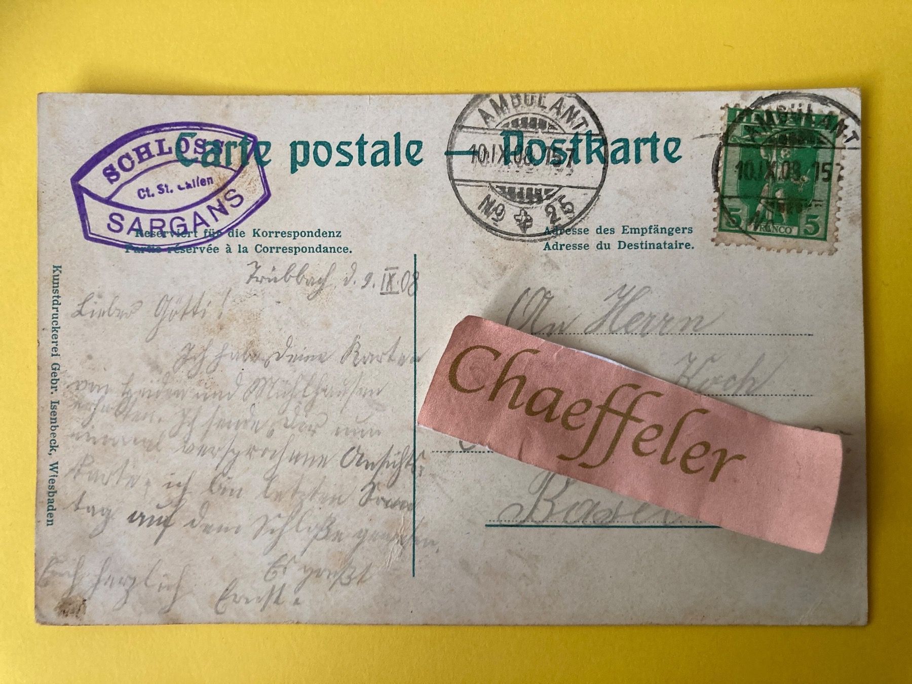 Cartoline postali: 1908 Schloss Sargans mit Schwefelbad und Bahnhof – Usato da Zürich venduto da Chaeffeler 1