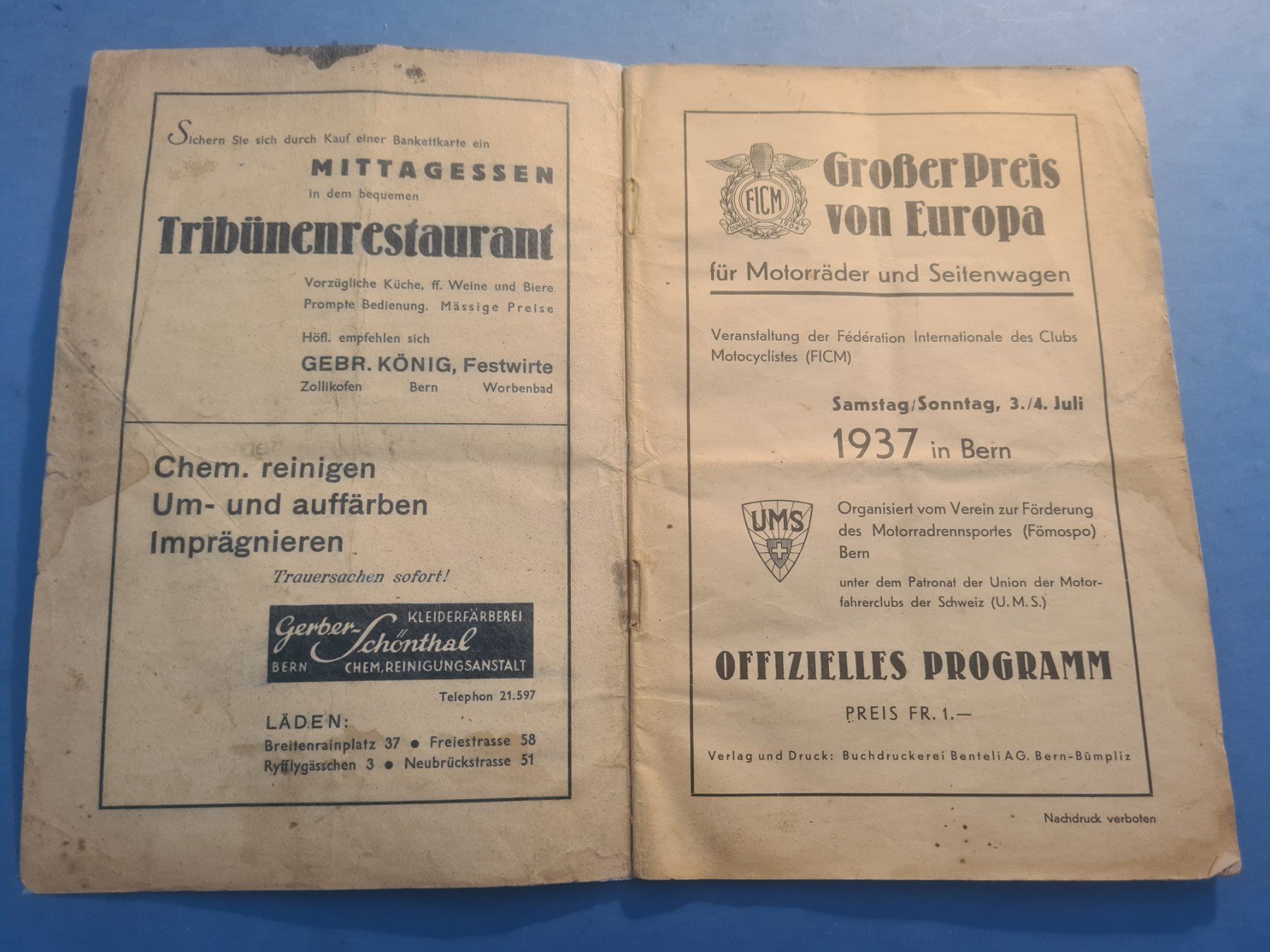 Motosacoche Documenti: 1937 BERN GROSSER PREIS OFFIZIELLES PROGRAMM VINTAGE – Difettoso da Bellevue venduto da BURGOLMANIA 1