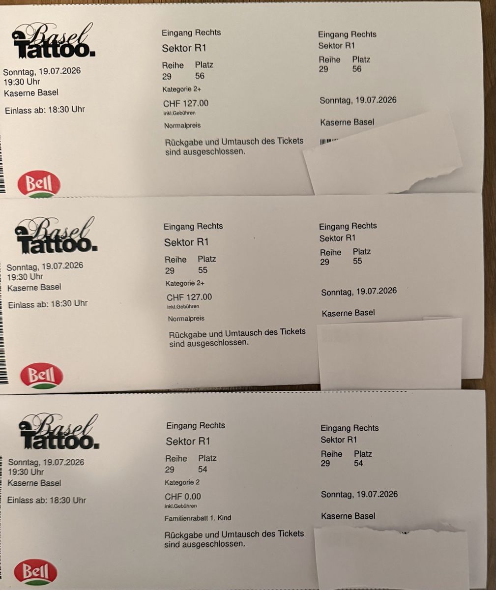 Biglietti: Basel Tattoo Tickets, 19.07.2026, Kat. 2 – Nuovo e nell'imballaggio originale da Adligenswil venduto da denize80