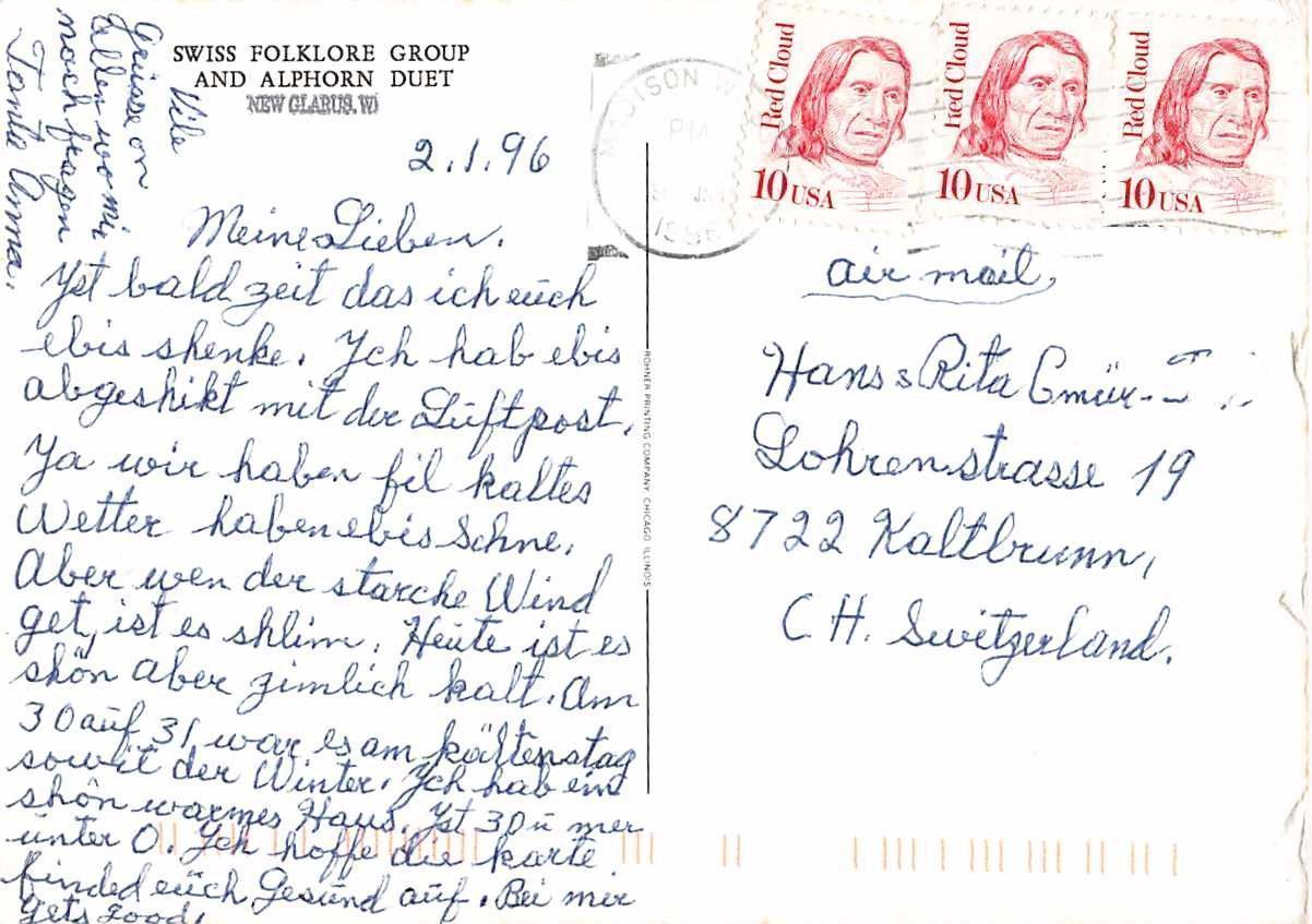 Cartoline postali: GRUSS von der SWISS FOLKLORE GROUP in NEW GLARUS – Usato da Winterthur venduto da SchatzchischtliWinti 1