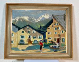 Öl-Gemälde Engadin Zuoz Gebirgslandschaft Bergdorf
