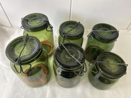 6er Set antike Einmachgläser aus Bülach,  grün