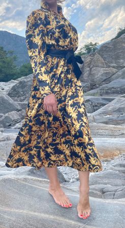 Abito donna lungo fantasia barocca nero 👌oro👌tgM/L👌nuovo
