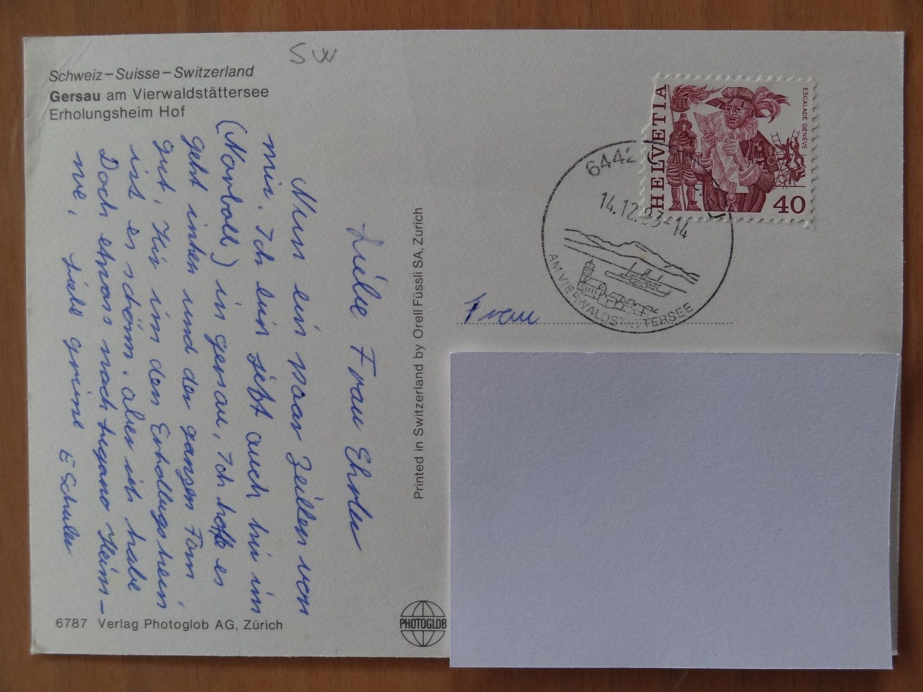 Cartoline postali: Gersau - Erholungsheim Hof - SZ - 1983 – Usato da St Léonard venduto da Riglin 1