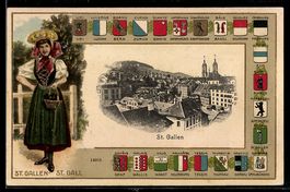 Passepartout-AK St. Gallen, Ortsansicht, Schweizerin mit Kor