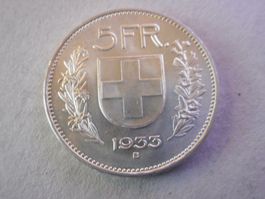 5 Fr. 1933 silber  wie neu unz/stgl
