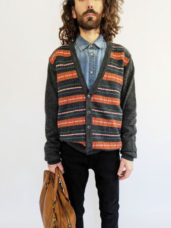 Herren Strickjacke Gr. L H&M grau Muster Ethno Vintage