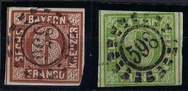 Bayrische 6+9 Kreuzer Marken ca. 1850/60 mit Hühlradstempel