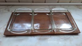 Apero Set , Teakholzplatte  mit 3 Glasschalen