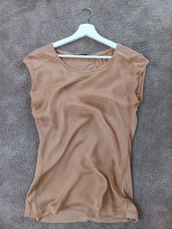 Elegant Mesh Blend Blouse Top, Brown gold summer light S