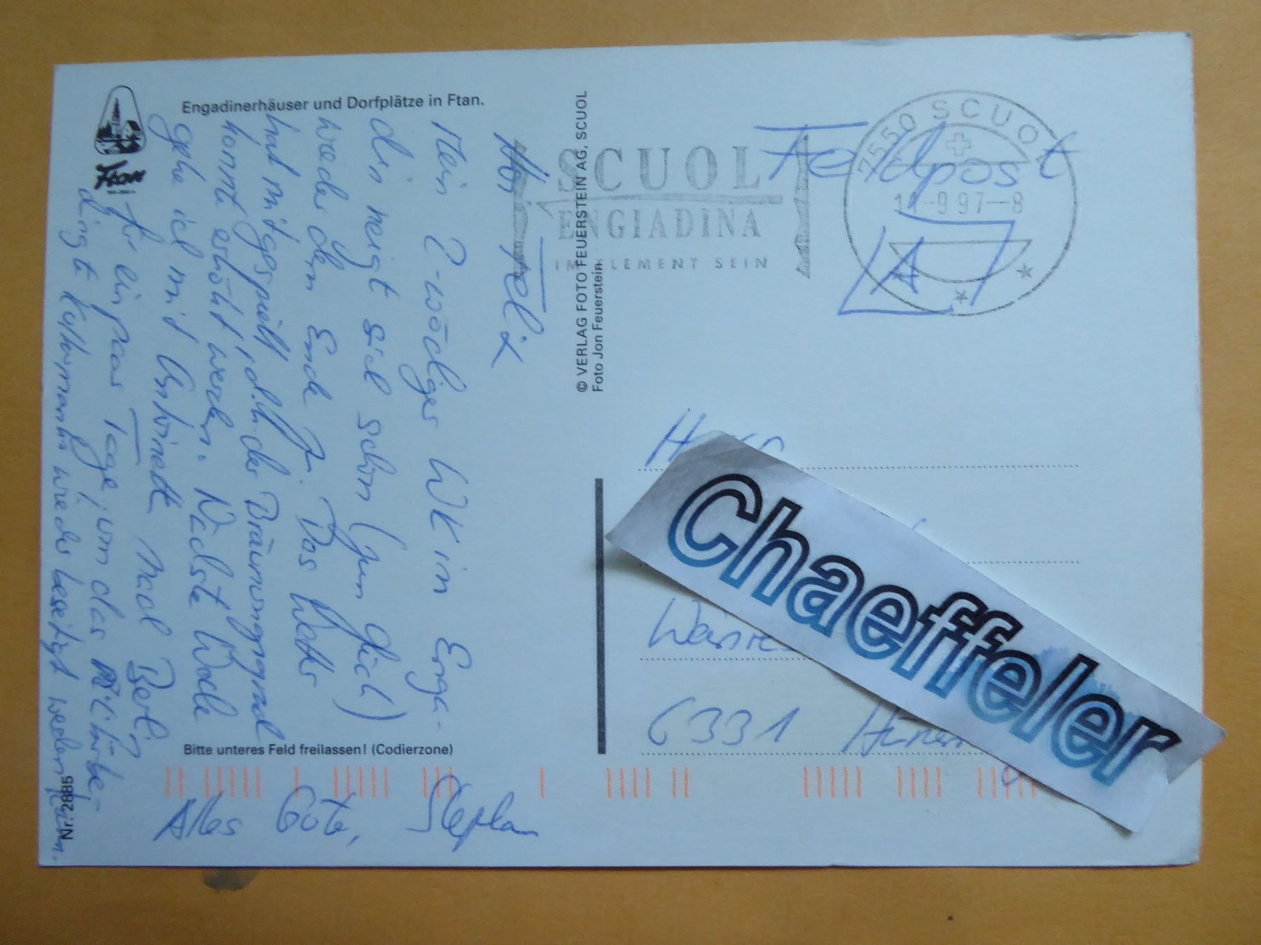 Cartoline postali: 1997 Ftan,  allegra Engadina, Feldpost – Usato da Zürich venduto da Chaeffeler 1