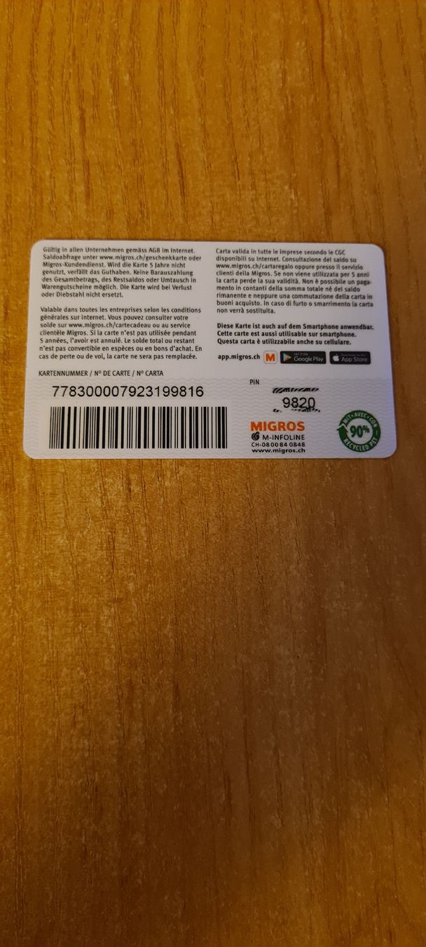 Cartoline: Migros Geschenkkarte  – Usato da Heiligkreuz (Mels) venduto da Wini65 1