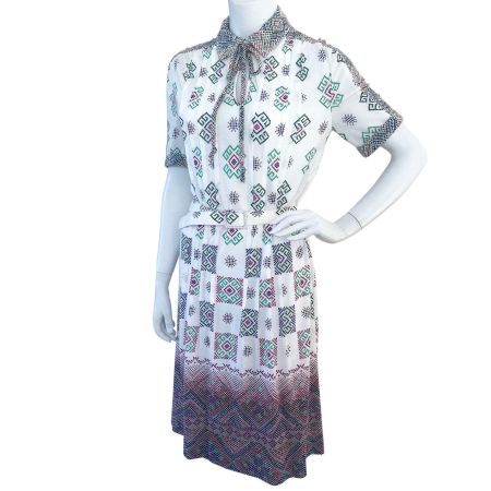 Kleid Gr. S/M m. Bordüre VINTAGE Original 1970s SORA Jersey
