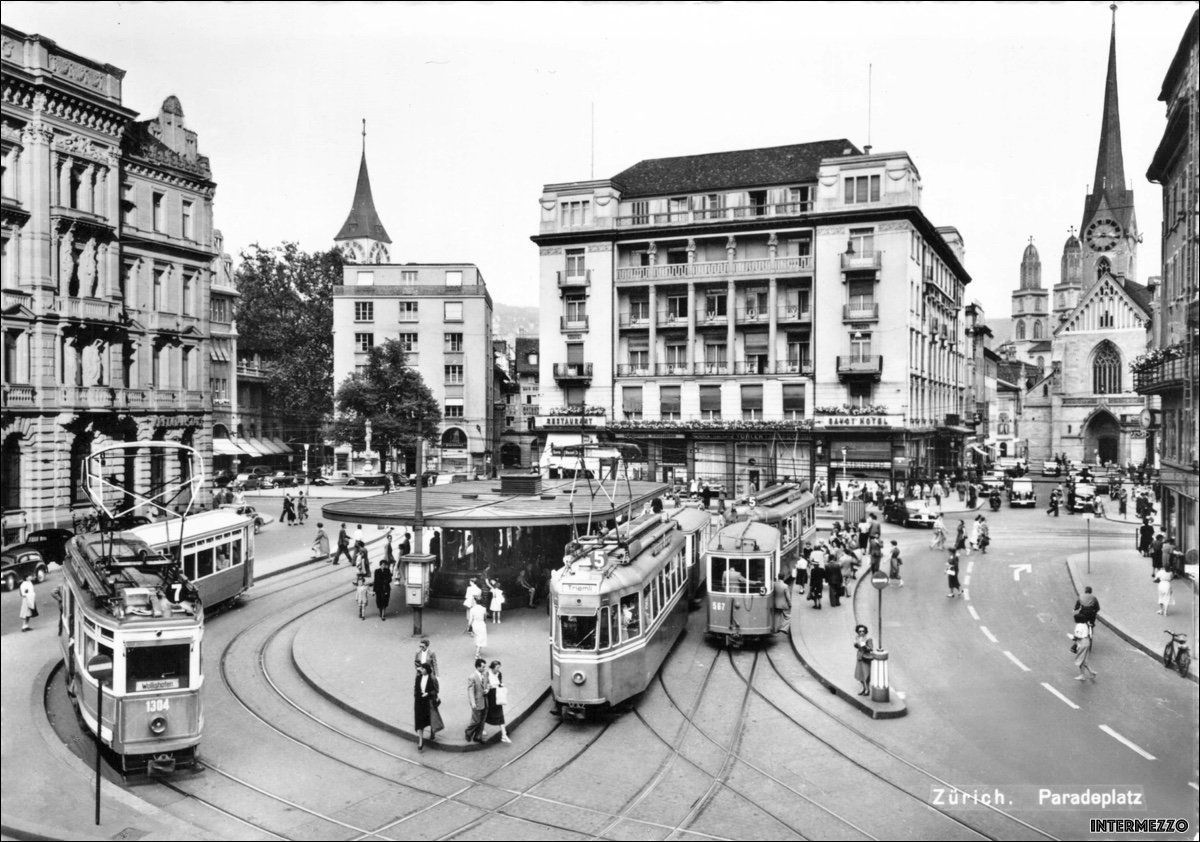 Cartoline postali: Zürich // Paradeplatz Trams antik ca. 1960 – Usato da Basel venduto da intermezzo12