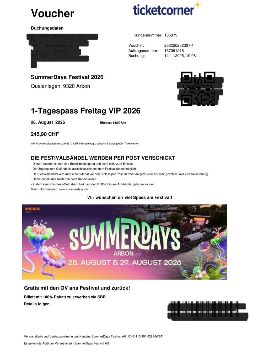 Billets: SUMMERDAYS ARBON VIP PASS FREITAG – Neuf (Voir description) à Rorschach par Instyle02 1