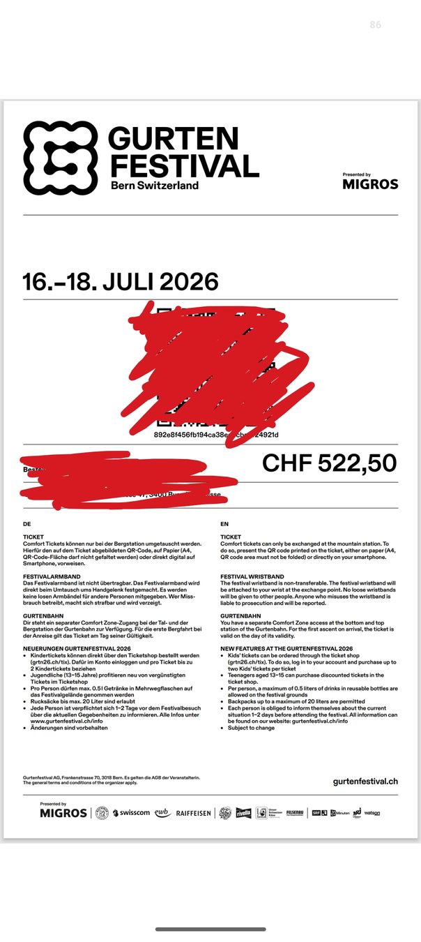 Biglietti: 3 Tage Komfort Ticket Gurtenfestival – Nuovo e nell'imballaggio originale da Saland venduto da Chiara.0404