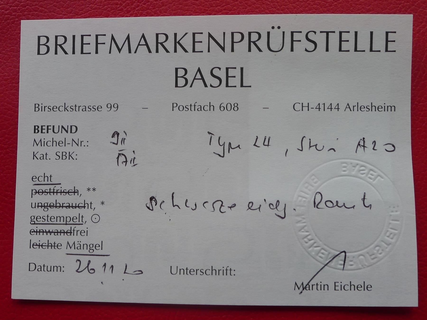 Tutti i francobolli: 17II, T.24 A2-O mit Befund, Kat: 850.-+ – Usato da Sursee venduto da Luzernerraute 2