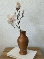 Vase Rattan Bambus mit Porzellan Einsatz Vintage
