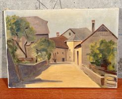 Original Vintage Oil Painting of a Swiss Village Scene