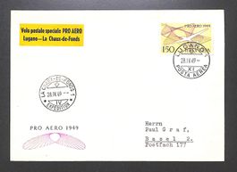 1949 Flugpost F45. LUGANO - La Chaux-de-Fonds - illustriert