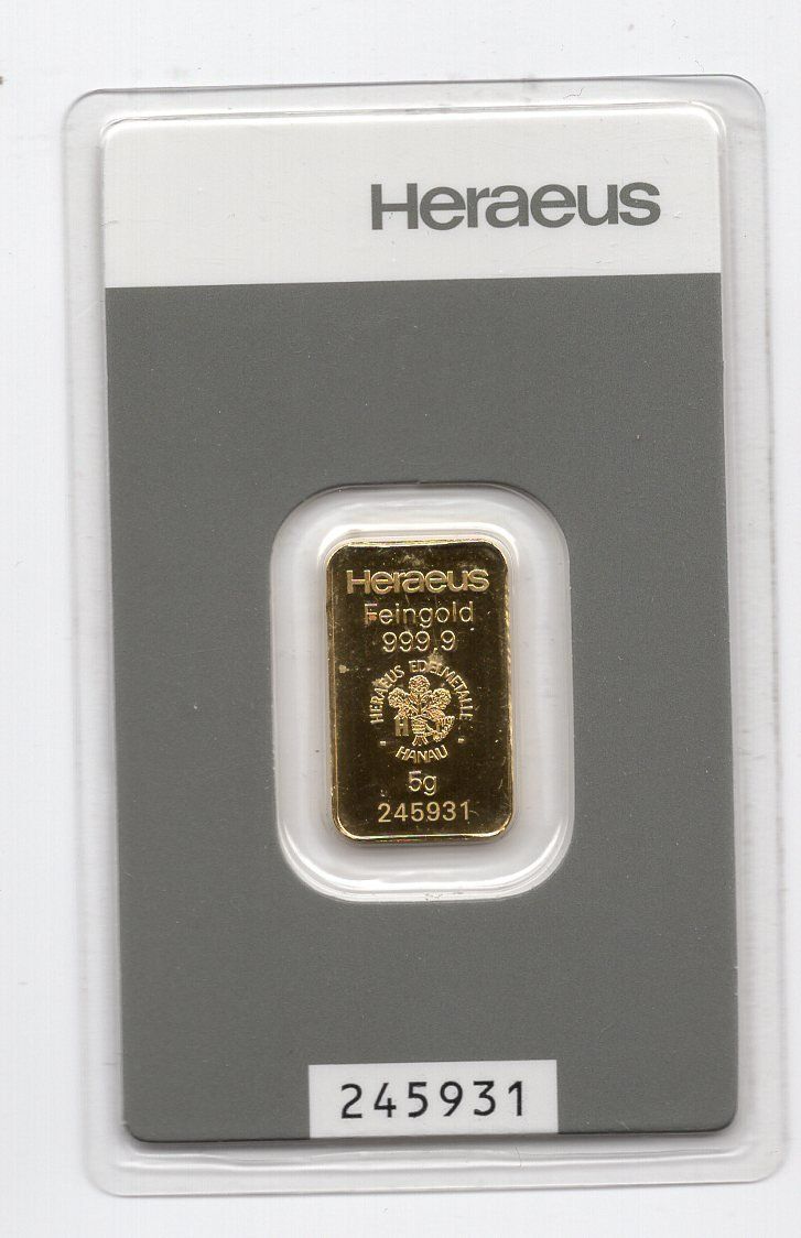 Edelmetalle: (871) Goldbarren, 5 g, Heraeus, stgl – Gebraucht aus Rüthi (Rheintal) von erdnuessli1