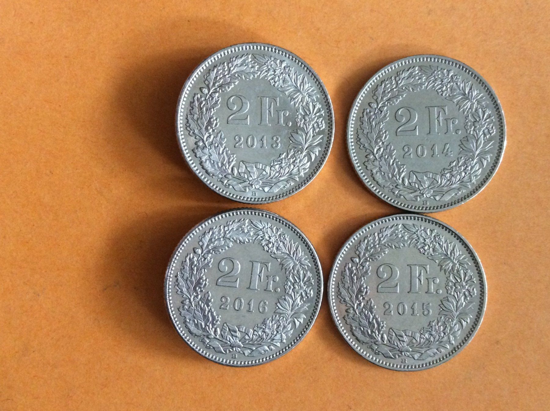 Alle Münzen: 2 francs 2013-2014-2016-2016 – Gebraucht aus Genève von pie_fh2d