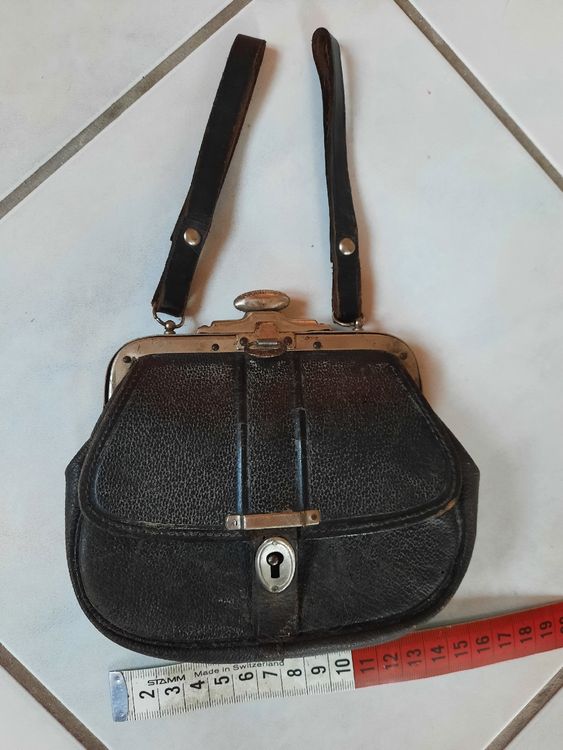 Petit Sac En Cuir Vintage Vert Années 50 - Motif Floral Et Couture Apparente - Occasion Très Bon état