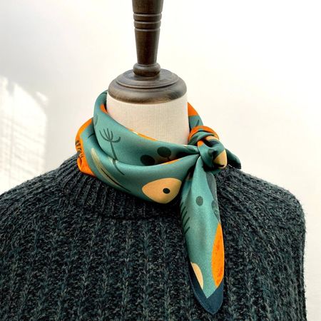 New 53cm Poppy Floral Silk Scarf, Green and Orange Scarf
