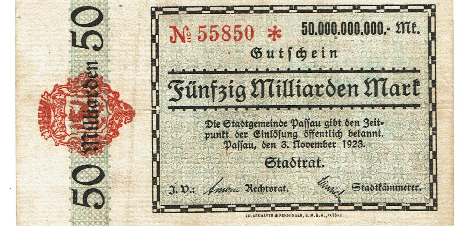 Banconote: Passau 50 Mrd.Mark 03.11.1923 SS++-VZ – Usato da Steffisburg venduto da ber_8htf