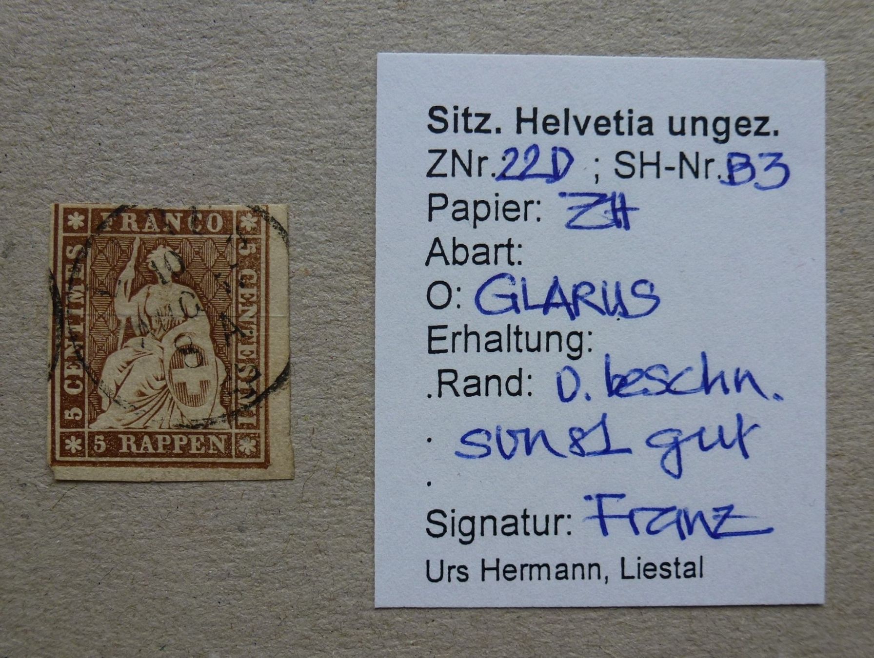 Alle Briefmarken: Strubel 22D - Bogenrand mit Klein-Befund Urs Hermann – Gebraucht aus Walkringen von Casablanca777 2