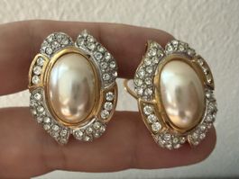 ✨Vintage Goldfarbene Strass Perlen Ohrringe