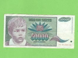 Jugoslawien 50000 Dinar Banknote, Jahr 1992