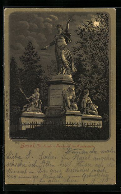 Cartoline postali: Mondschein-Lithographie Basel, St. Jacob – Usato da Berlin venduto da bartko-reher