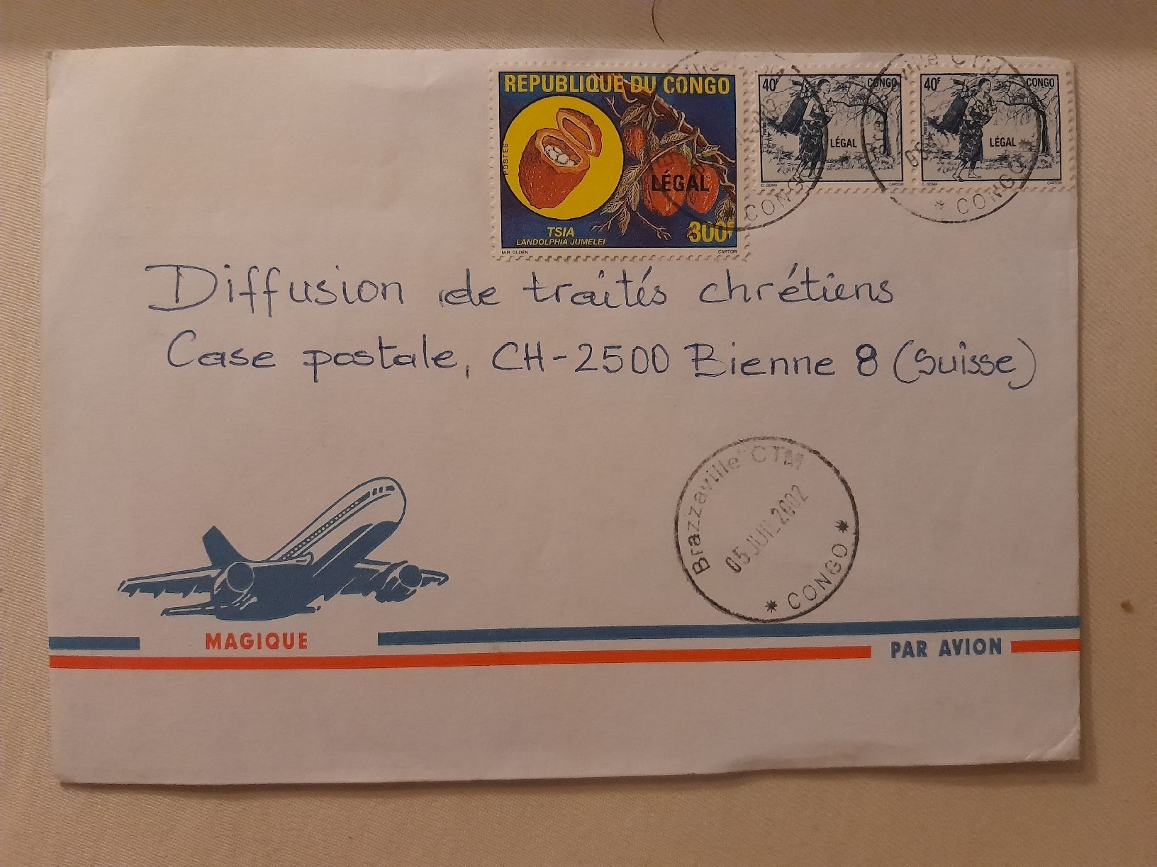 Tutti i francobolli: Rare enveloppe philatélique Congo, cachet Bienne 2002! – Usato da Marly venduto da globetrotter1723