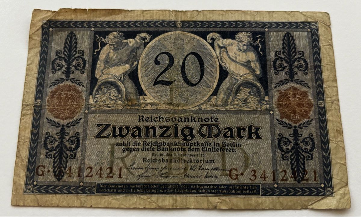 Banconote: Reichsbanknote 20 Mark 1915 – Usato da Algetshausen venduto da Carrhard