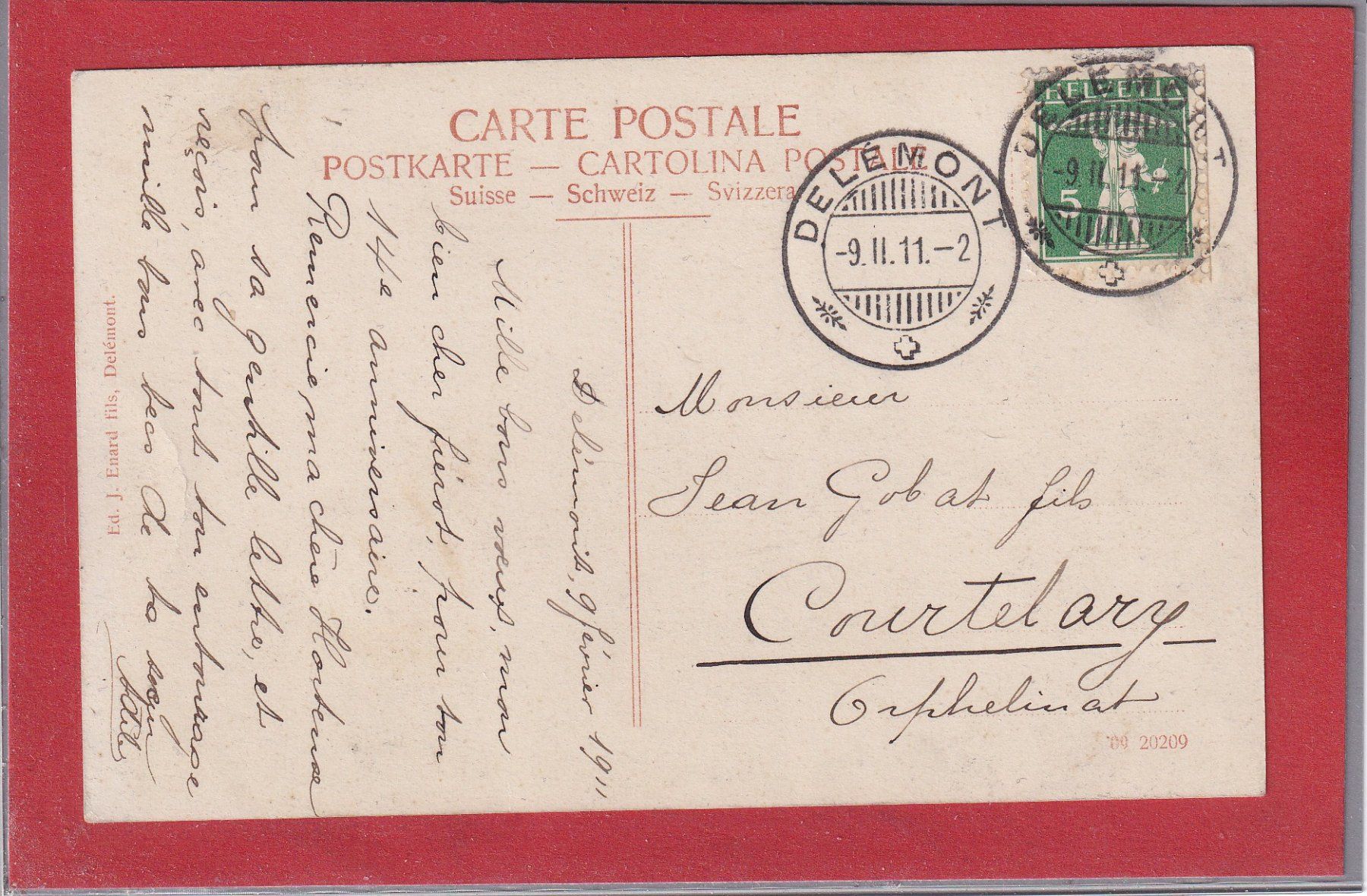 Ansichtskarten: Souvenir de Delémont - Color - 1911 – Gebraucht aus Orvin von Pyaeschli 1