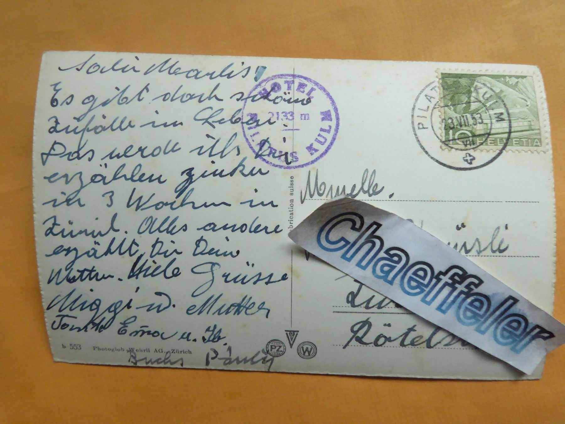 Cartoline postali: 1953  Pilatusbahn gegen Titlis – Usato da Zürich venduto da Chaeffeler 1